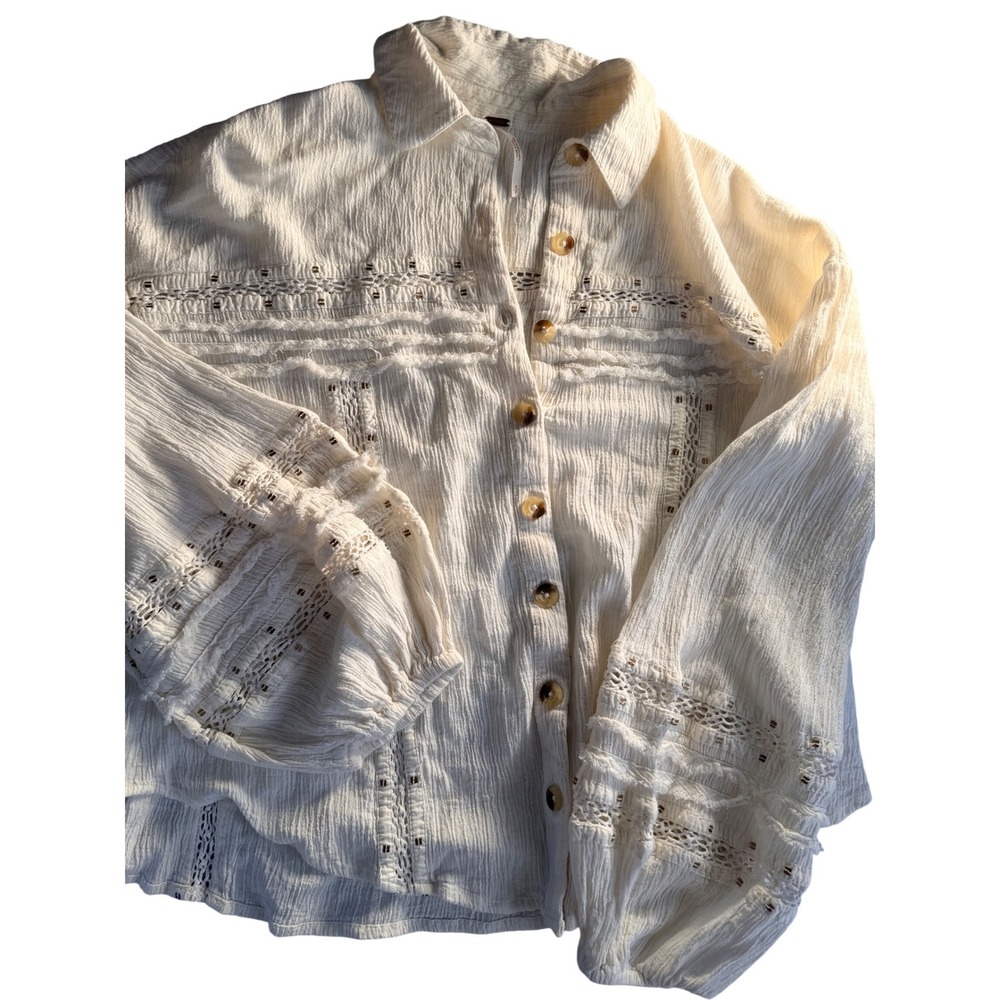Free People Cream Gauze Crochet Lace Beaded Button Down Blouse Small Boho Top